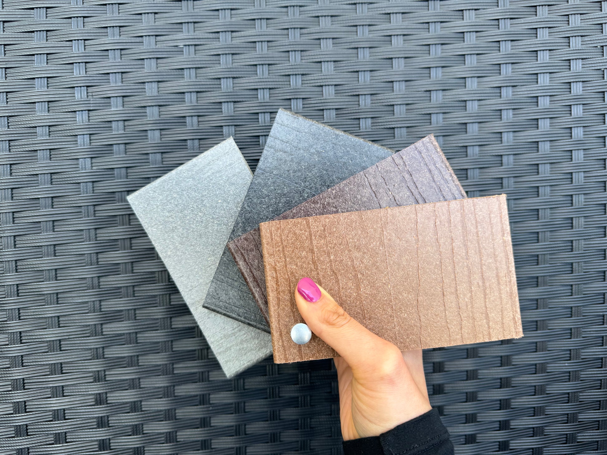 Composite Fencing Color Samples – Timber Brown, Rosewood, Slate Grey, Raven Black – Sustainable, Durable, Weather Resistant Options