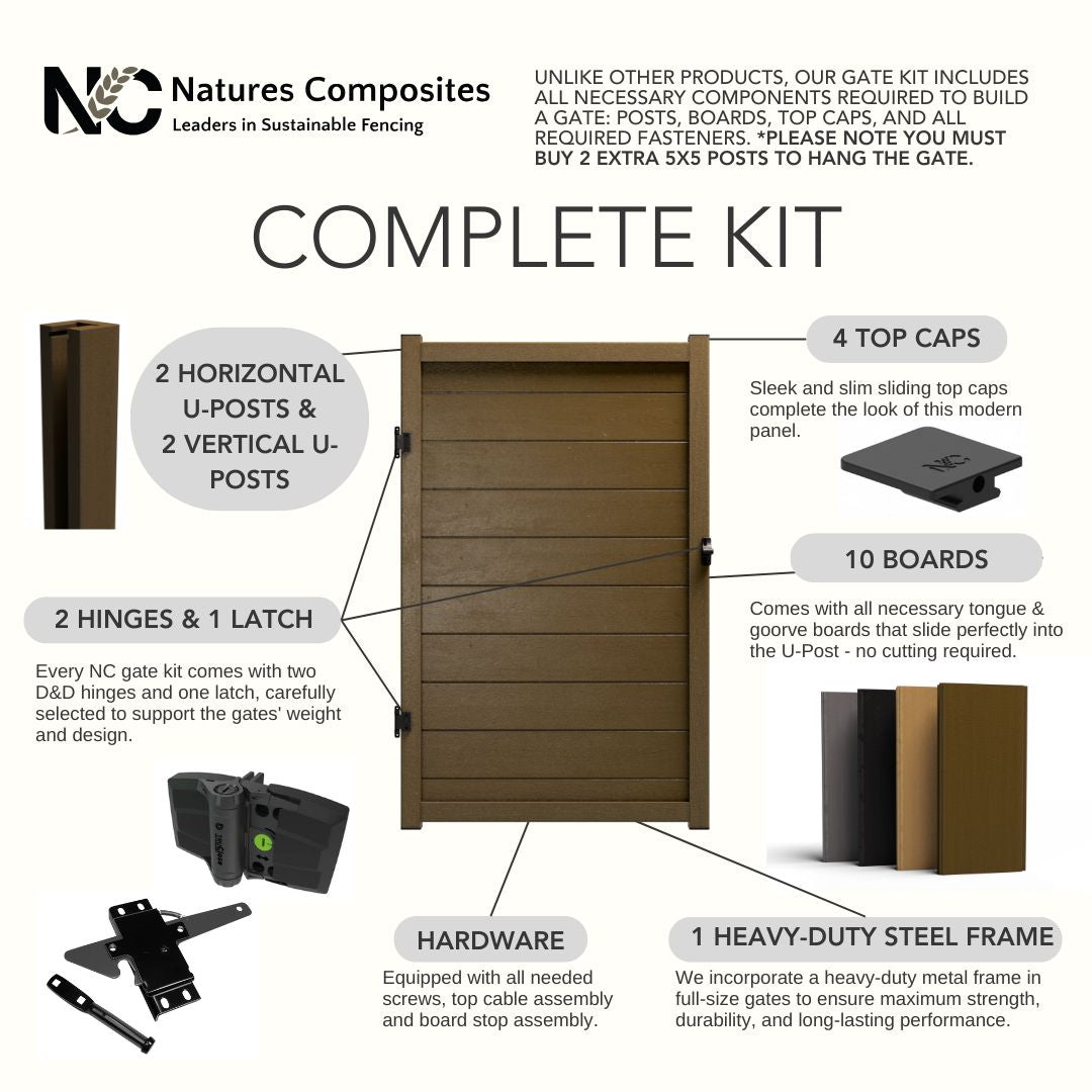 Composite Horizontal Full Size Gate – 6 ft. High x 4 ft. Wide – Sustainable, Strong, and Hidden Metal Frame for Extra Durability