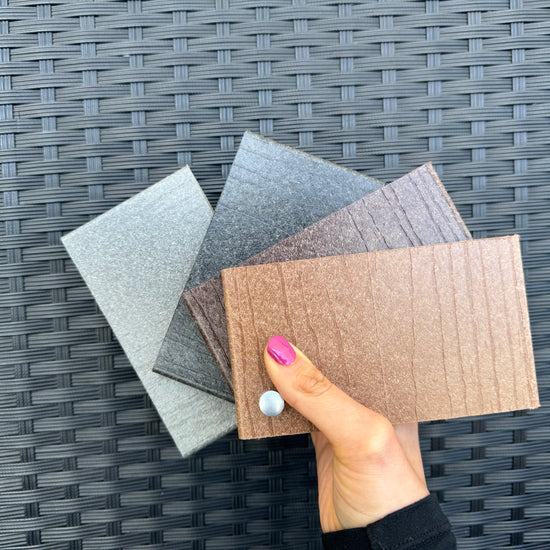 Composite Fencing Color Samples – Timber Brown, Rosewood, Slate Grey, Raven Black – Sustainable, Durable, Weather Resistant Options