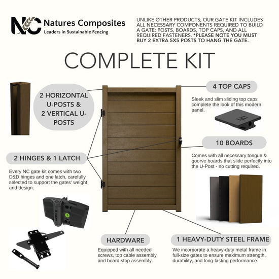 Composite Horizontal Full Size Gate – 6 ft. High x 4 ft. Wide – Sustainable, Strong, and Hidden Metal Frame for Extra Durability